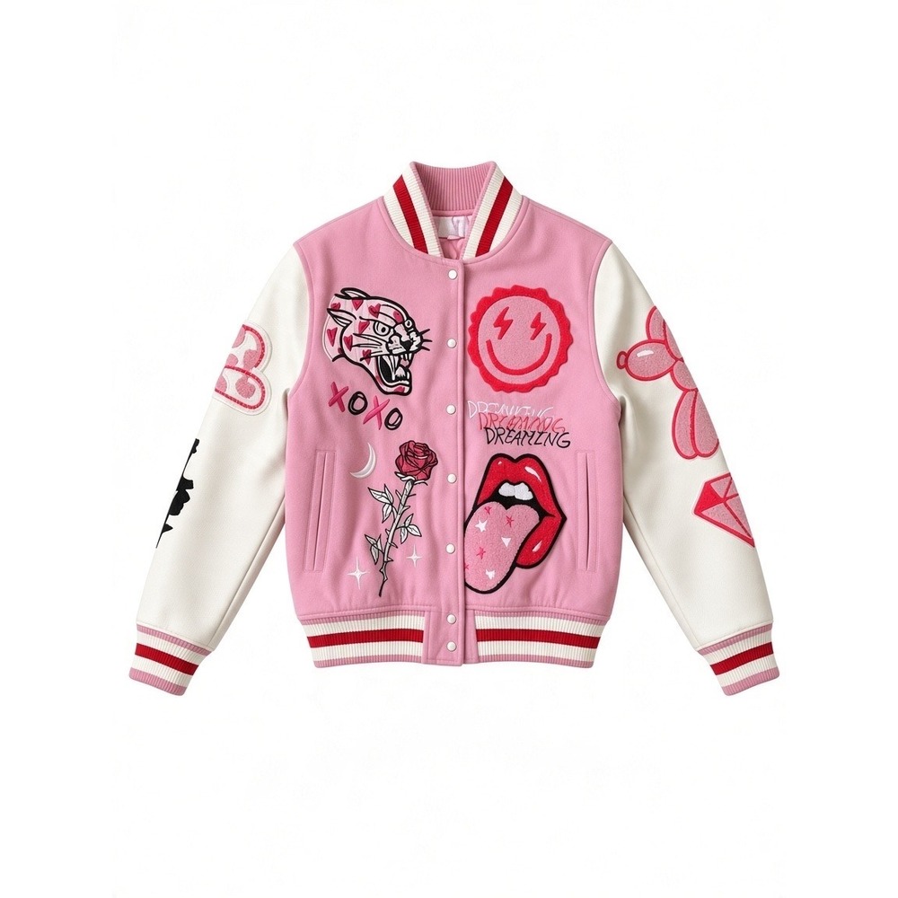 Reason Women Pink Varsity Letterman's Jacket Y2K Graphic Patch Bomber Small